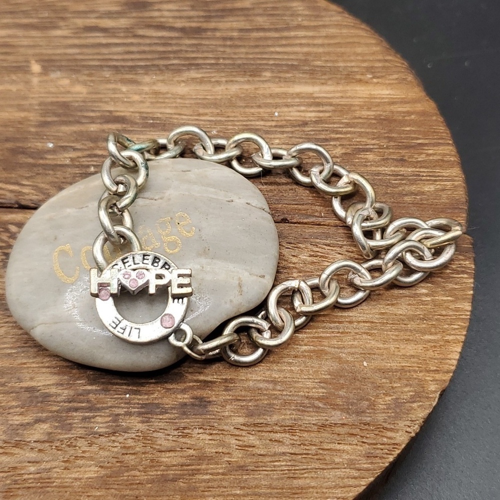 Silver toned hope breast cancer ribbon toggle charm‎ bracelet B3215